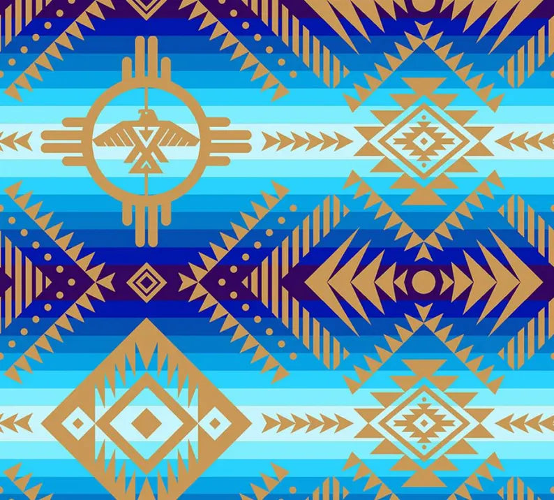 Native Beadwork Fabric 1/2 Yard, 648 Blue Tuscan Thunderbird by Elizabeth's Studio, Indigenous Quilt Blanket Table Runner Ribbon Skirt