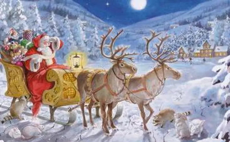 Santa Claus is Coming Fabric Panel 44"x24", 2600-Black by Elizabeth's Studio, Santa Sleigh Christmas Trees gift quilt bed hanging