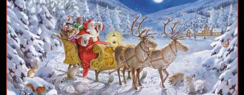 Santa Claus is Coming Fabric Panel 44"x24", 2600-Black by Elizabeth's Studio, Santa Sleigh Christmas Trees gift quilt bed hanging