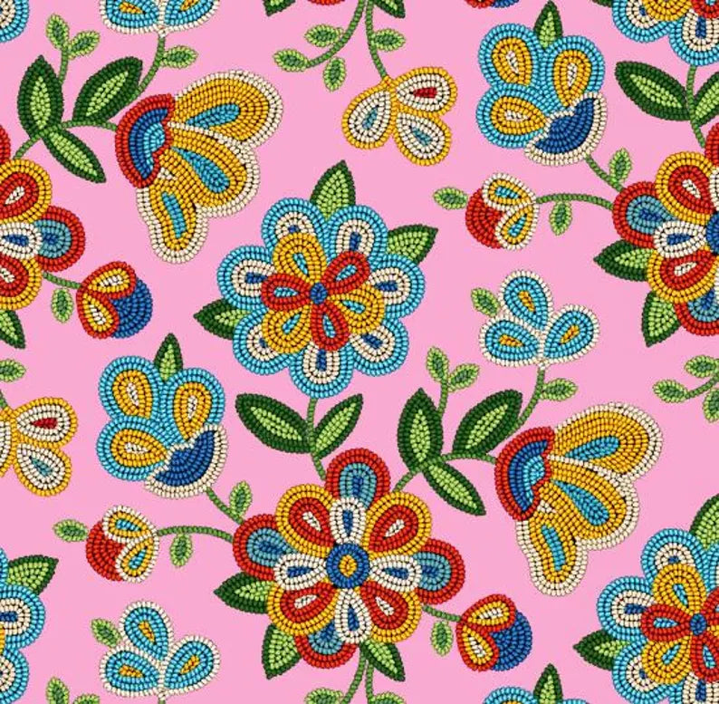 Native Beadwork Fabric 1/2 Yard, 449-Pink by Elizabeth's Studio, Indigenous Quilt Blanket Wall Hanging Table Runner Placemat Ribbon Skirt