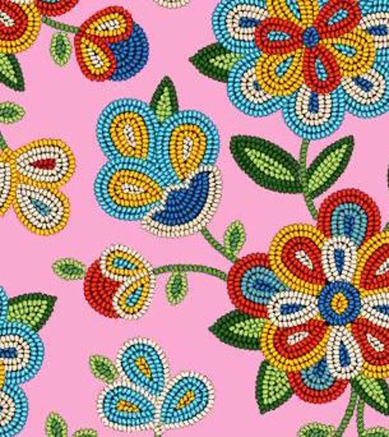 Native Beadwork Fabric 1/2 Yard, 449-Pink by Elizabeth's Studio, Indigenous Quilt Blanket Wall Hanging Table Runner Placemat Ribbon Skirt
