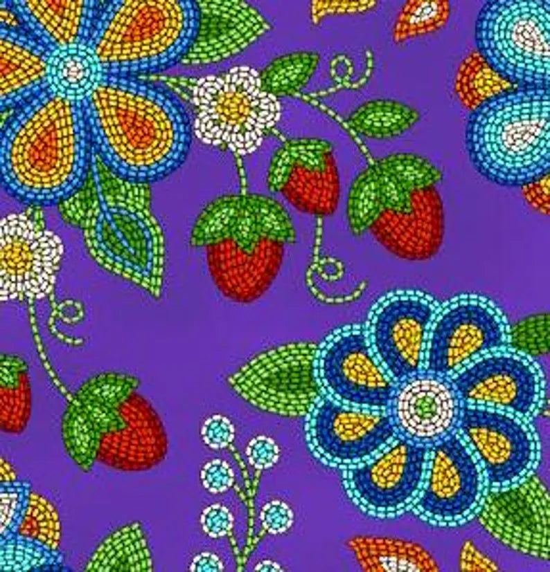 Native Beadwork Fabric 1/2 Yard, 594-Purple by Elizabeth's Studio, Indigenous Quilt Blanket Wall Hanging Table Runner Placemat Ribbon Skirt