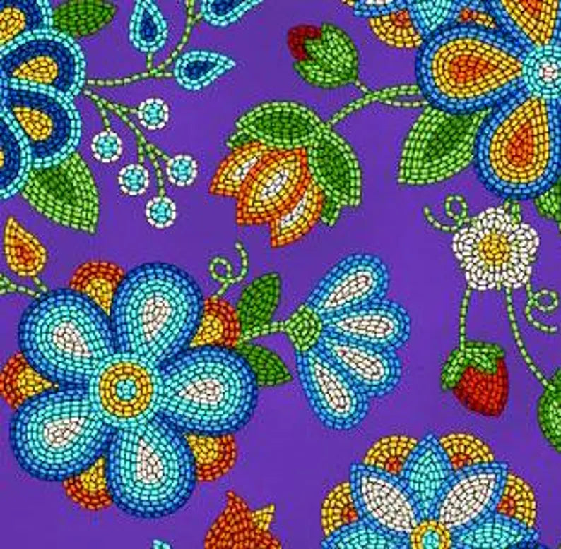 Native Beadwork Fabric 1/2 Yard, 594-Purple by Elizabeth's Studio, Indigenous Quilt Blanket Wall Hanging Table Runner Placemat Ribbon Skirt