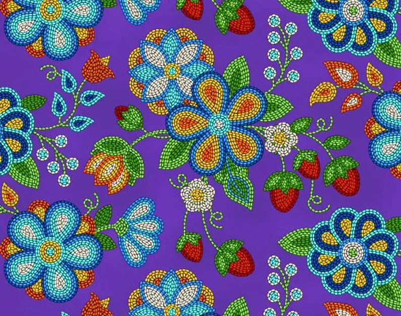 Native Beadwork Fabric 1/2 Yard, 594-Purple by Elizabeth's Studio, Indigenous Quilt Blanket Wall Hanging Table Runner Placemat Ribbon Skirt