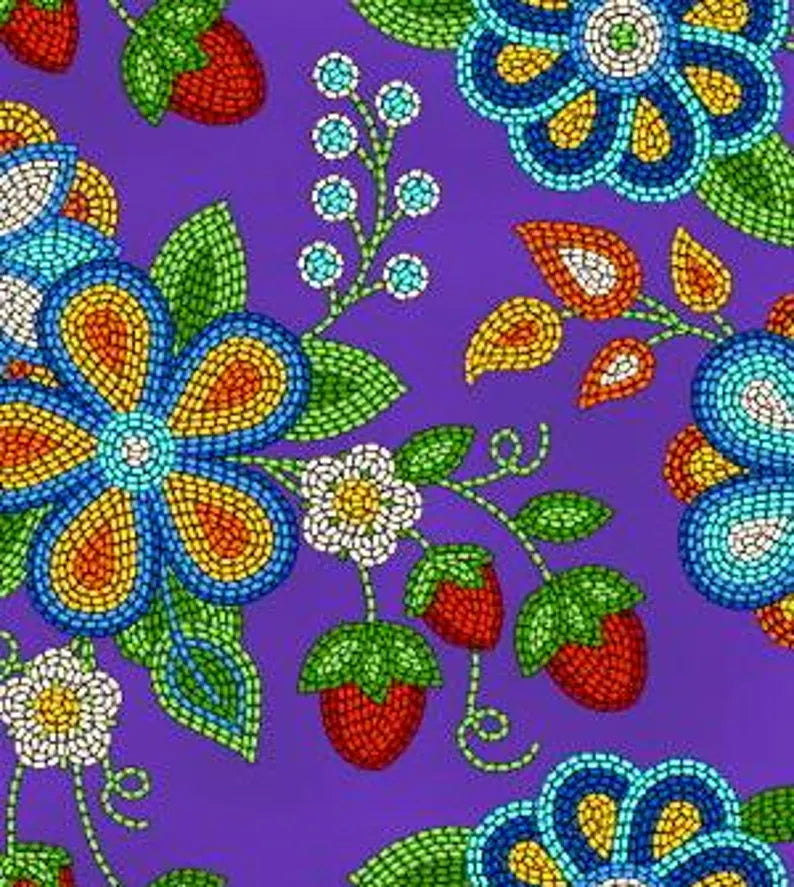 Native Beadwork Fabric 1/2 Yard, 594-Purple by Elizabeth's Studio, Indigenous Quilt Blanket Wall Hanging Table Runner Placemat Ribbon Skirt