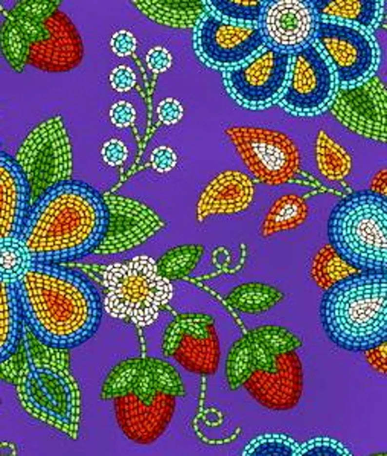 Native Beadwork Fabric 1/2 Yard, 594-Purple by Elizabeth's Studio, Indigenous Quilt Blanket Wall Hanging Table Runner Placemat Ribbon Skirt
