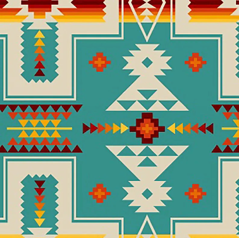 Native Indigenous Fabric 1/2 Yard, 468-Turquoise by Elizabeth's Studio, Indigenous Quilt Blanket Wall Hanging Table Runner Ribbon Skirt