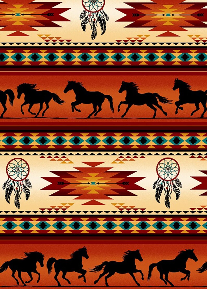 Native Indigenous Horse Fabric 1/2 Yard, 497-Terracotta by Elizabeth's Studio, Indigenous Quilt Blanket Wall Hanging Runner Ribbon Skirt