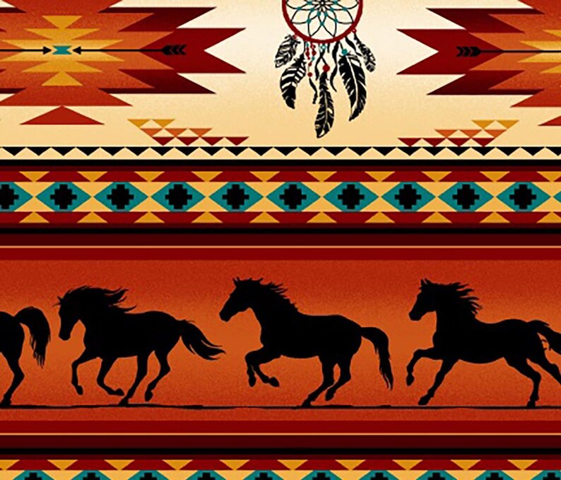 Native Indigenous Horse Fabric 1/2 Yard, 497-Terracotta by Elizabeth's Studio, Indigenous Quilt Blanket Wall Hanging Runner Ribbon Skirt