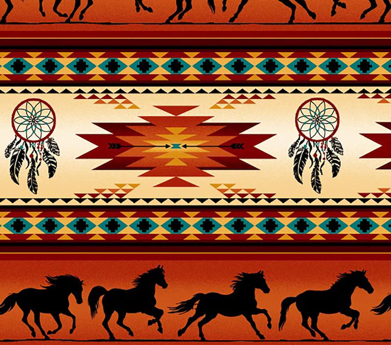Native Indigenous Horse Fabric 1/2 Yard, 497-Terracotta by Elizabeth's Studio, Indigenous Quilt Blanket Wall Hanging Runner Ribbon Skirt