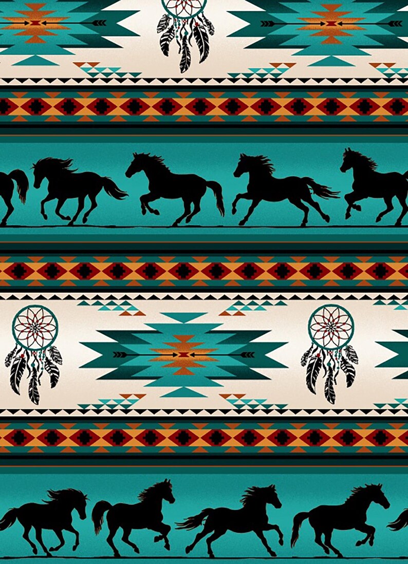 Native Indigenous Horse Fabric 1/2 Yard, 497-Turquoise by Elizabeth's Studio, Indigenous Quilt Blanket Wall Hanging Runner Ribbon Skirt