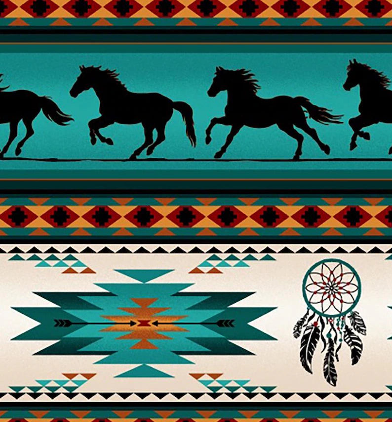 Native Indigenous Horse Fabric 1/2 Yard, 497-Turquoise by Elizabeth's Studio, Indigenous Quilt Blanket Wall Hanging Runner Ribbon Skirt