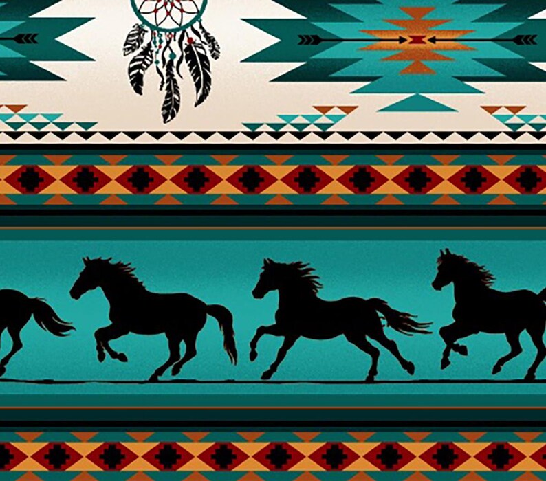 Native Indigenous Horse Fabric 1/2 Yard, 497-Turquoise by Elizabeth's Studio, Indigenous Quilt Blanket Wall Hanging Runner Ribbon Skirt