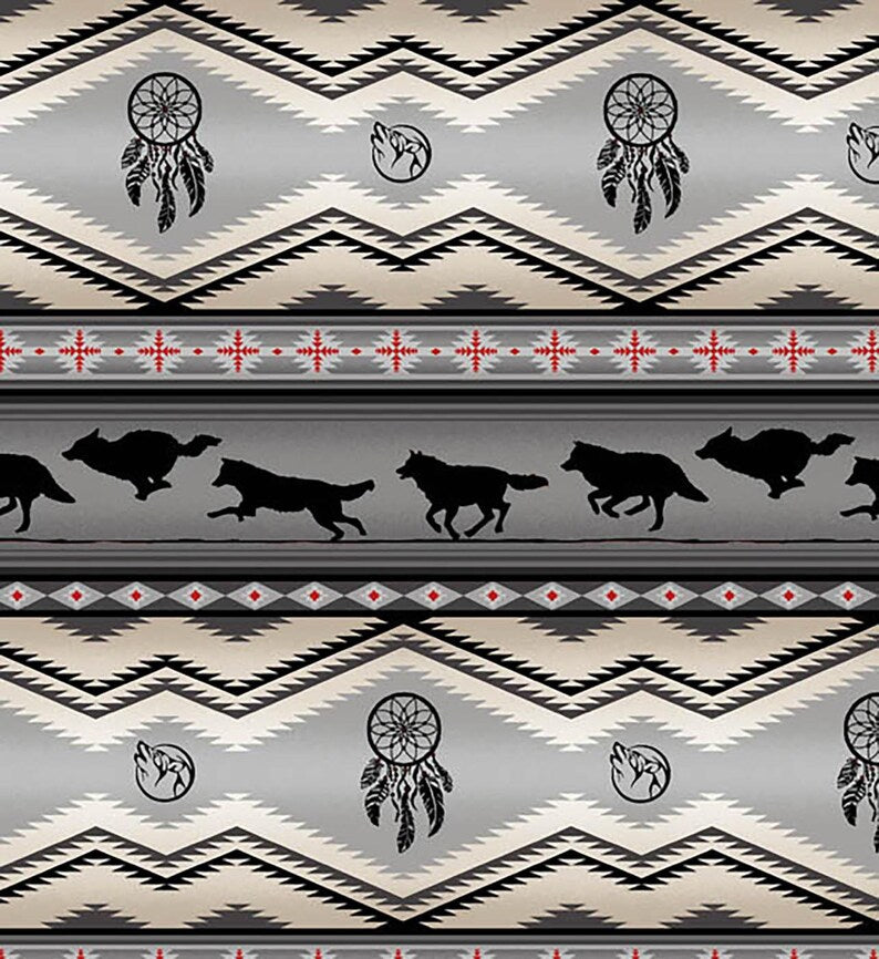 Native Indigenous Wolf Fabric 1/2 Yard, 556-Gray by Elizabeth's Studio, Indigenous Quilt Blanket Wall Hanging Runner Ribbon Skirt