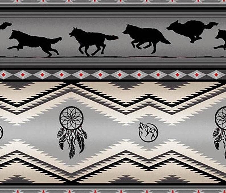 Native Indigenous Wolf Fabric 1/2 Yard, 556-Gray by Elizabeth's Studio, Indigenous Quilt Blanket Wall Hanging Runner Ribbon Skirt