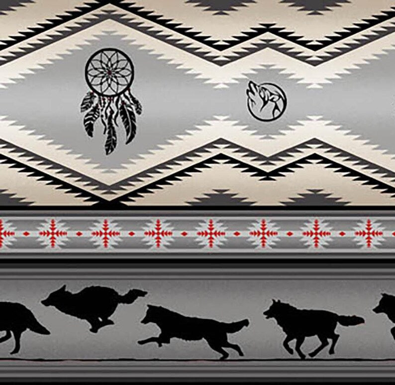 Native Indigenous Wolf Fabric 1/2 Yard, 556-Gray by Elizabeth's Studio, Indigenous Quilt Blanket Wall Hanging Runner Ribbon Skirt