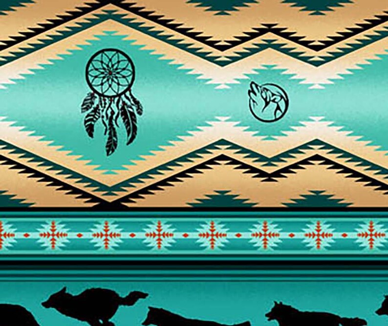 Native Indigenous Wolf Fabric 1/2 Yard, 556-Turquoise by Elizabeth's Studio, Indigenous Quilt Blanket Wall Hanging Runner Ribbon Skirt