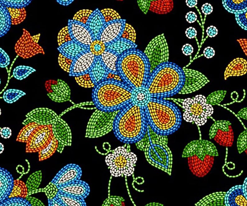 Native Beadwork Fabric 1/2 Yard, 594-Black by Elizabeth's Studio, Indigenous Quilt Blanket Wall Hanging Table Runner Placemat Ribbon Skirt
