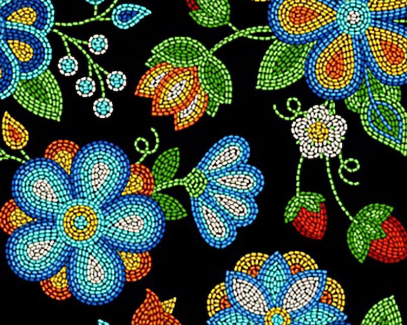 Native Beadwork Fabric 1/2 Yard, 594-Black by Elizabeth's Studio, Indigenous Quilt Blanket Wall Hanging Table Runner Placemat Ribbon Skirt