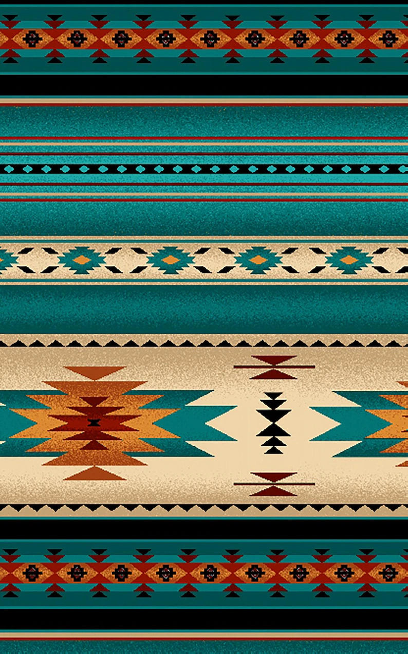 Native Indigenous Fabric 1/2 Yard, 201-Turquoise by Elizabeth's Studio, Indigenous Quilt Blanket Wall Hanging Runner Ribbon Skirt