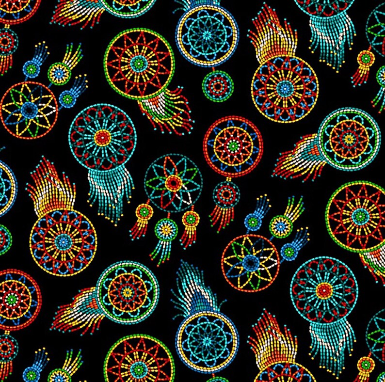 Native Indigenous Dreamcatchers Fabric 1/2 Yard, 537-Black by Elizabeth's Studio, Indigenous Quilt Blanket Wall Hanging Runner Ribbon Skirt