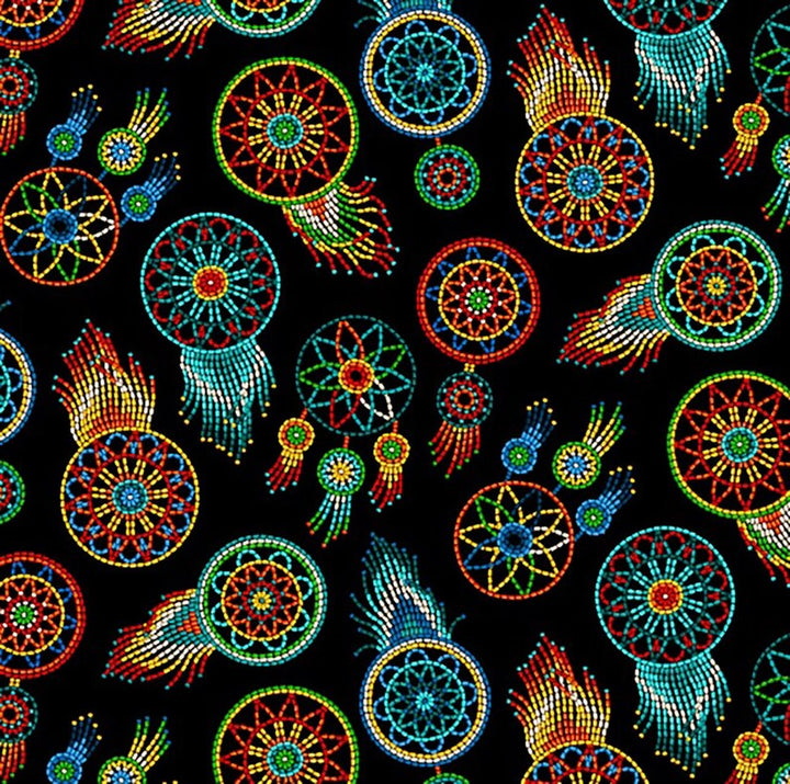 Native Indigenous Dreamcatchers Fabric 1/2 Yard, 537-Black by Elizabeth's Studio, Indigenous Quilt Blanket Wall Hanging Runner Ribbon Skirt