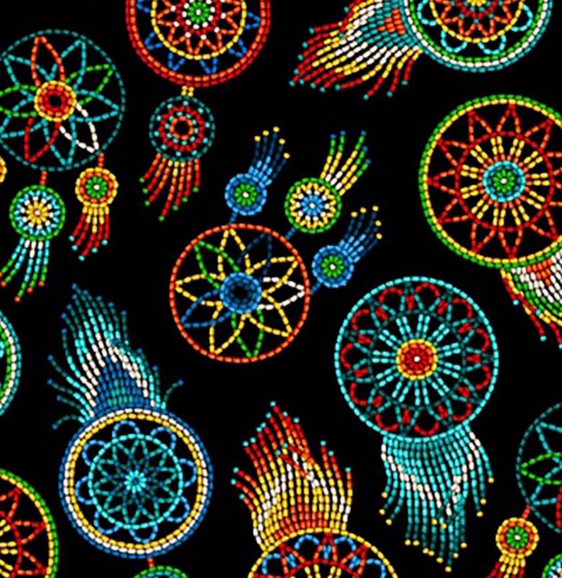 Native Indigenous Dreamcatchers Fabric 1/2 Yard, 537-Black by Elizabeth's Studio, Indigenous Quilt Blanket Wall Hanging Runner Ribbon Skirt