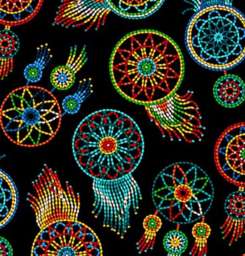 Native Indigenous Dreamcatchers Fabric 1/2 Yard, 537-Black by Elizabeth's Studio, Indigenous Quilt Blanket Wall Hanging Runner Ribbon Skirt