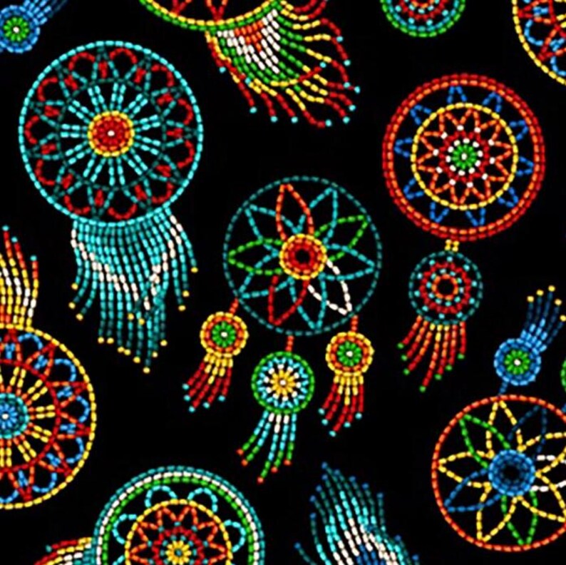 Native Indigenous Dreamcatchers Fabric 1/2 Yard, 537-Black by Elizabeth's Studio, Indigenous Quilt Blanket Wall Hanging Runner Ribbon Skirt