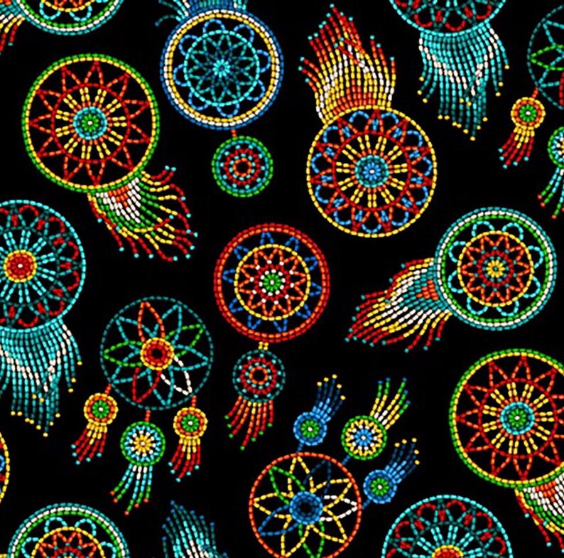 Native Indigenous Dreamcatchers Fabric 1/2 Yard, 537-Black by Elizabeth's Studio, Indigenous Quilt Blanket Wall Hanging Runner Ribbon Skirt