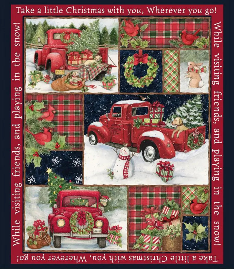 Red Truck Christmas 36"x43", 66689A620715 by Springs Creative, Christmas Farm Red Barn Gift Bed Quilt