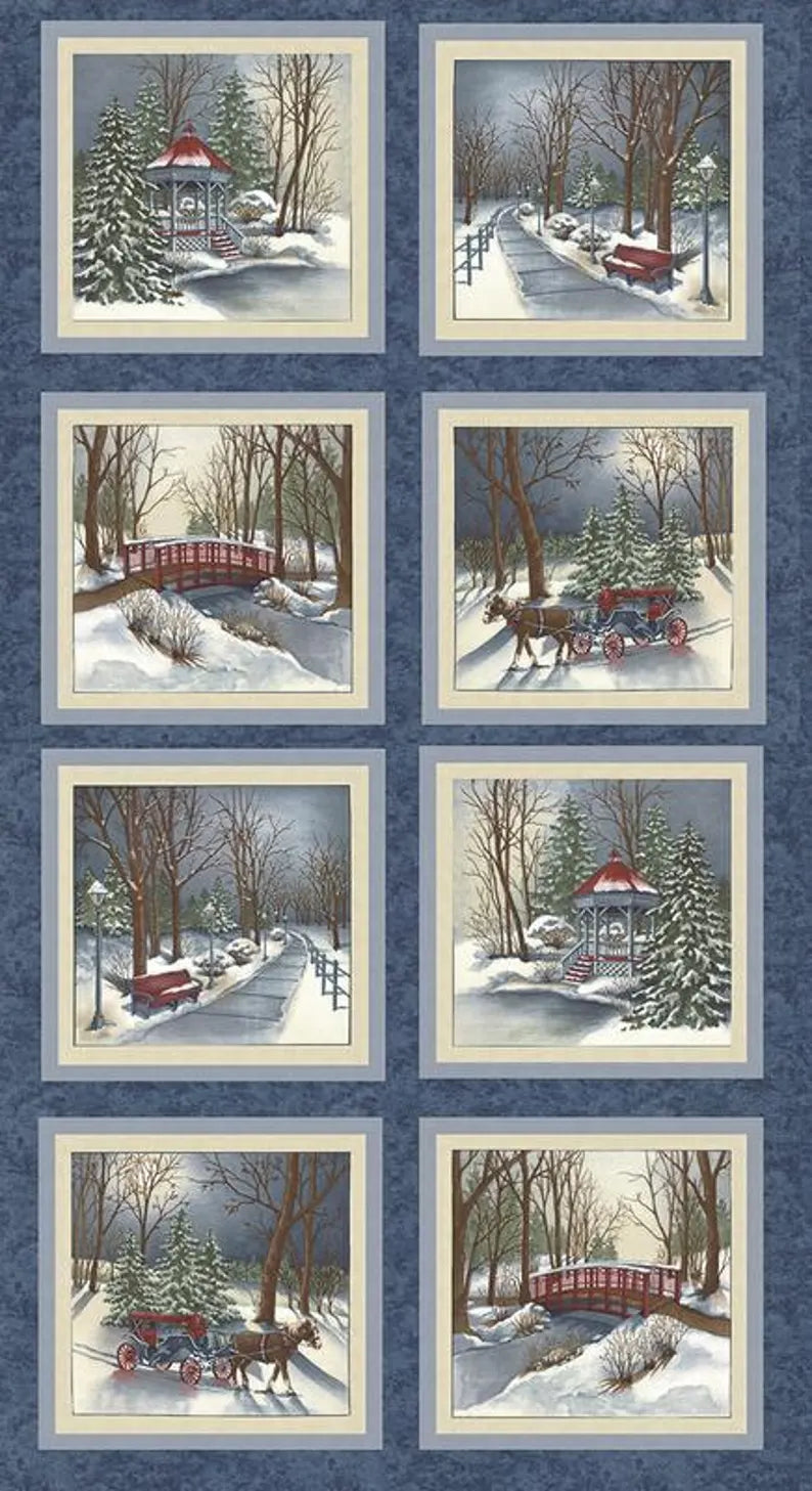 Town Square Christmas Fabric Panel 24"x43", 6630-15 Moda Holly Taylor fabrics, Winter Gift Quilt Wall Hanging Table Runner Bed Quilt