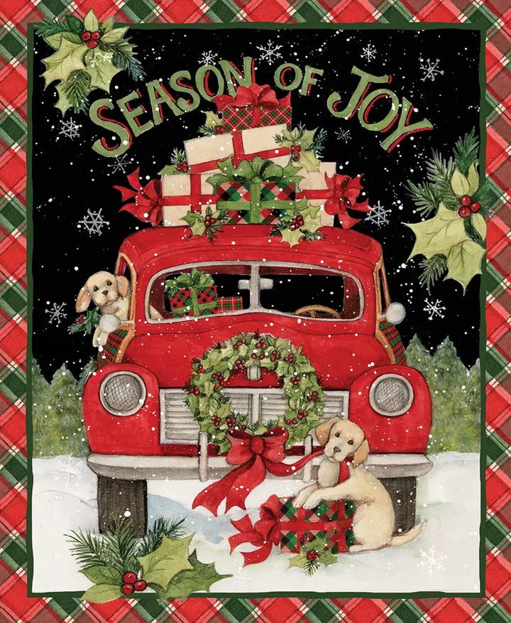 Season of Joy Puppies Christmas Fabric Panel 36"x43", 77512D650715 by Springs Creative, Christmas Farm Red Barn Gift Bed Quilt
