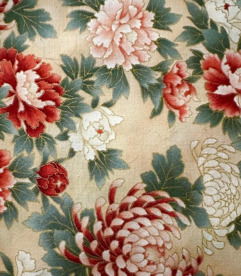 Tyoto Fabric 1/2 yard, E957 Kyoto Gardens Fabric by Hoffman California, Gold Fabric, FloralCream Fabric Quilt Blanket