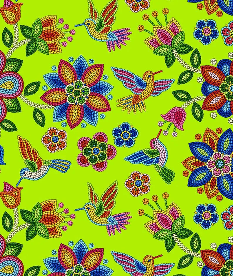 Native Beadwork and Hummingbirds Fabric 1/2 Yard, 640Lime by Elizabeth's Studio, Indigenous Quilt Blanket Wall Hanging Runner Ribbon Skirt