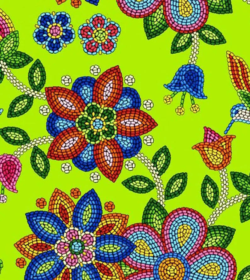 Native Beadwork and Hummingbirds Fabric 1/2 Yard, 640Lime by Elizabeth's Studio, Indigenous Quilt Blanket Wall Hanging Runner Ribbon Skirt