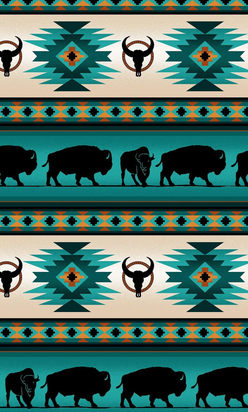 Native Indigenous Buffalo Fabric 1/2 Yard, 485-Turquoise by Elizabeth's Studio, Indigenous Quilt Blanket Wall Hanging Runner Ribbon Skirt