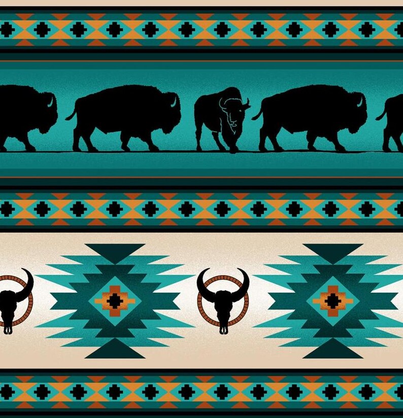 Native Indigenous Buffalo Fabric 1/2 Yard, 485-Turquoise by Elizabeth's Studio, Indigenous Quilt Blanket Wall Hanging Runner Ribbon Skirt