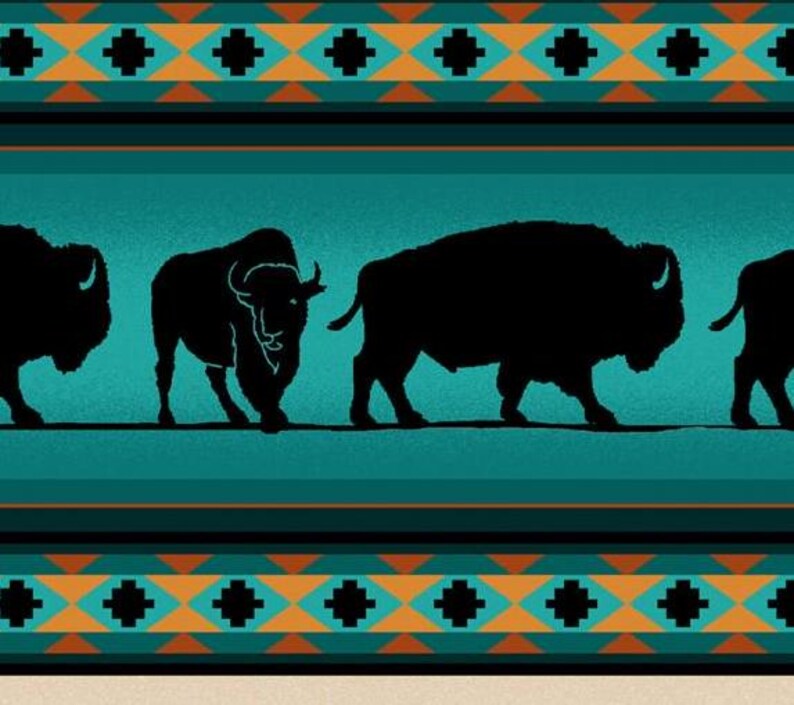 Native Indigenous Buffalo Fabric 1/2 Yard, 485-Turquoise by Elizabeth's Studio, Indigenous Quilt Blanket Wall Hanging Runner Ribbon Skirt