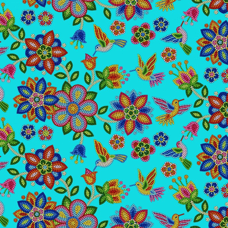 Native Beadwork and Hummingbirds Fabric 1/2 Yard, 640Turquoise by Elizabeth's Studio, Indigenous Quilt Blanket Wall Runner Ribbon Skirt