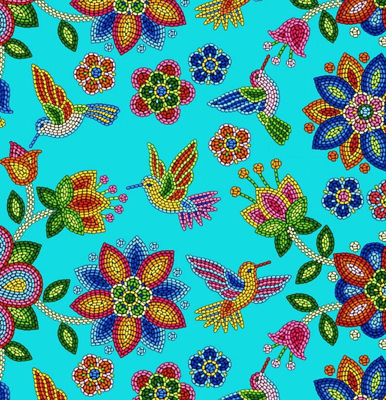 Native Beadwork and Hummingbirds Fabric 1/2 Yard, 640Turquoise by Elizabeth's Studio, Indigenous Quilt Blanket Wall Runner Ribbon Skirt