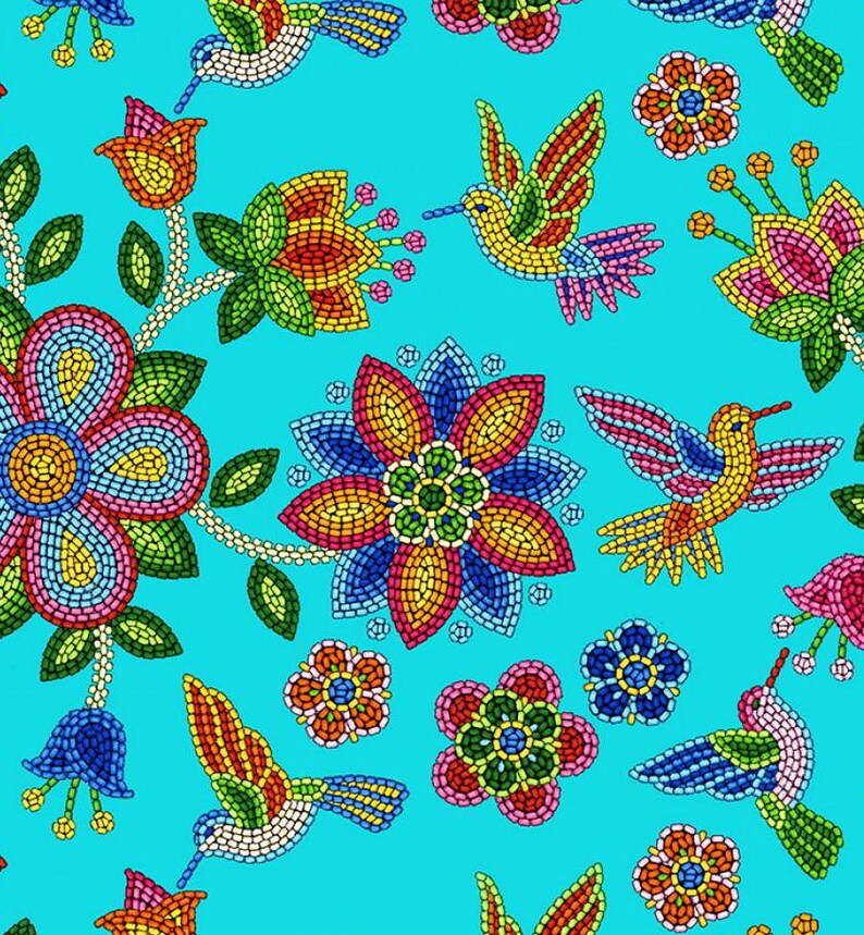 Native Beadwork and Hummingbirds Fabric 1/2 Yard, 640Turquoise by Elizabeth's Studio, Indigenous Quilt Blanket Wall Runner Ribbon Skirt