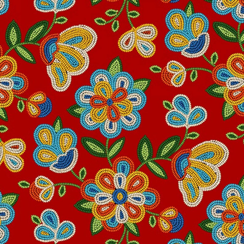 Native Beadwork Fabric 1/2 Yard, 449Red by Elizabeth's Studio, Indigenous Quilt Blanket Wall Hanging Table Runner Placemat Ribbon Skirt