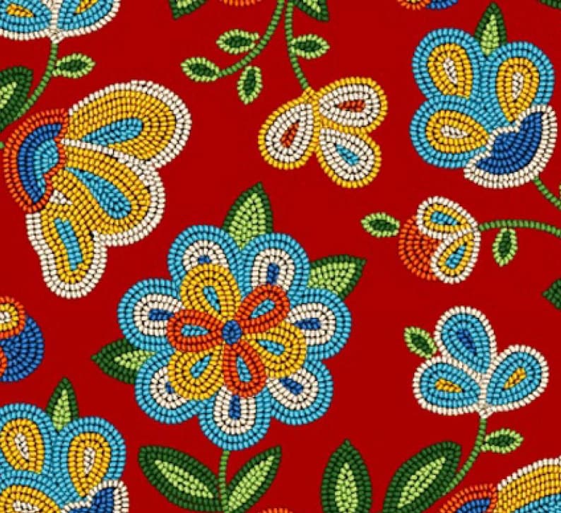 Native Beadwork Fabric 1/2 Yard, 449Red by Elizabeth's Studio, Indigenous Quilt Blanket Wall Hanging Table Runner Placemat Ribbon Skirt