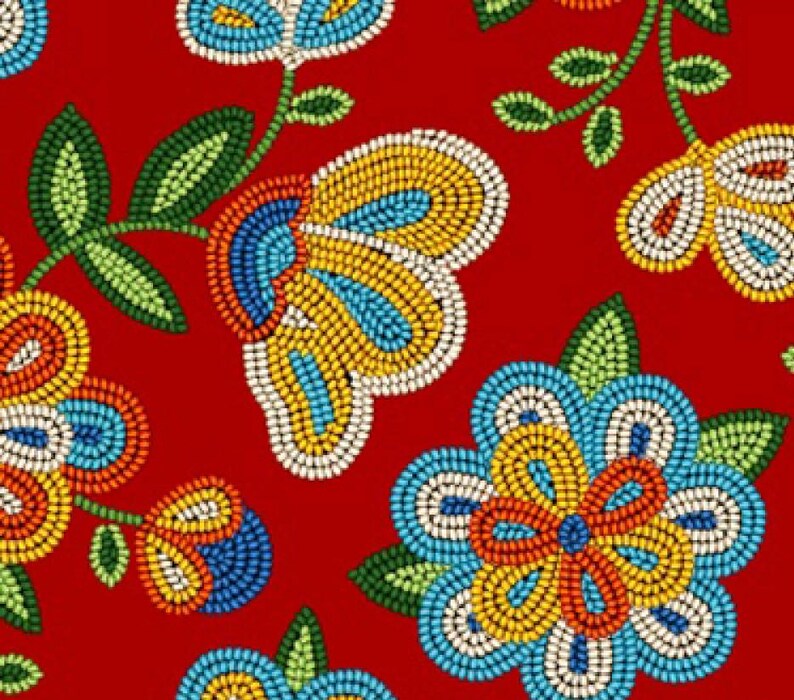 Native Beadwork Fabric 1/2 Yard, 449Red by Elizabeth's Studio, Indigenous Quilt Blanket Wall Hanging Table Runner Placemat Ribbon Skirt