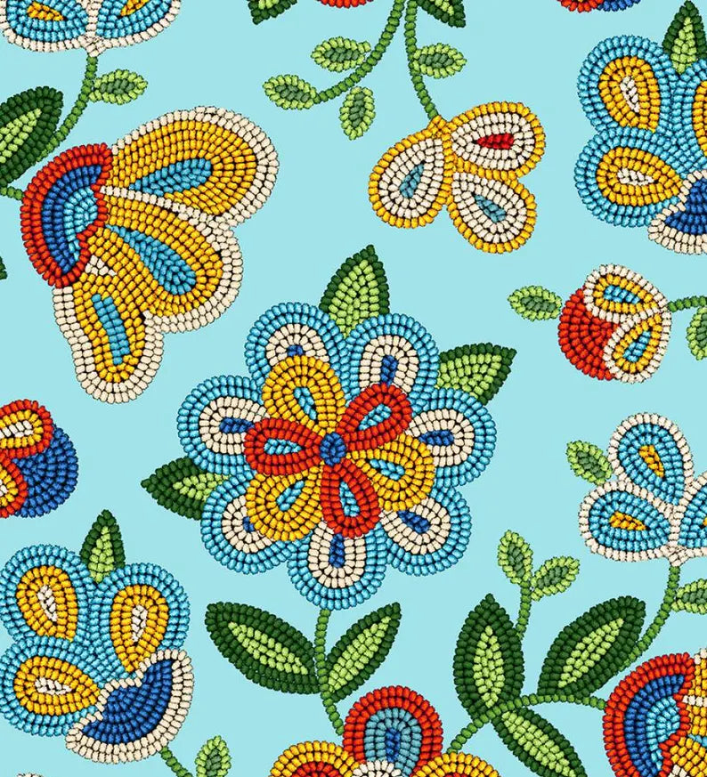 Native Beadwork Fabric 1/2 Yard, 449Light Turquoise by Elizabeth's Studio, Indigenous Quilt Blanket Wall Hanging Table Runner Ribbon Skirt