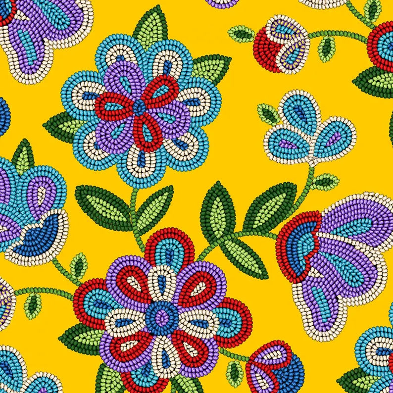 Native Beadwork Fabric 1/2 Yard, 449 Gold by Elizabeth's Studio, Indigenous Quilt Blanket Wall Hanging Table Runner Ribbon Skirt