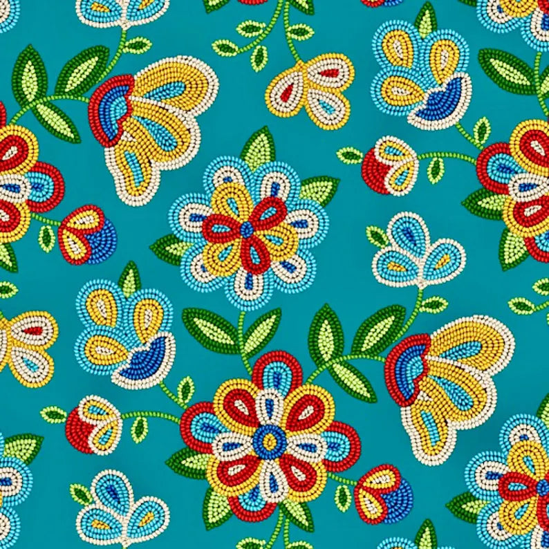 Native Beadwork Fabric 1/2 Yard, 449 Turquoise by Elizabeth's Studio, Indigenous Quilt Blanket Wall Hanging Table Runner Ribbon Skirt
