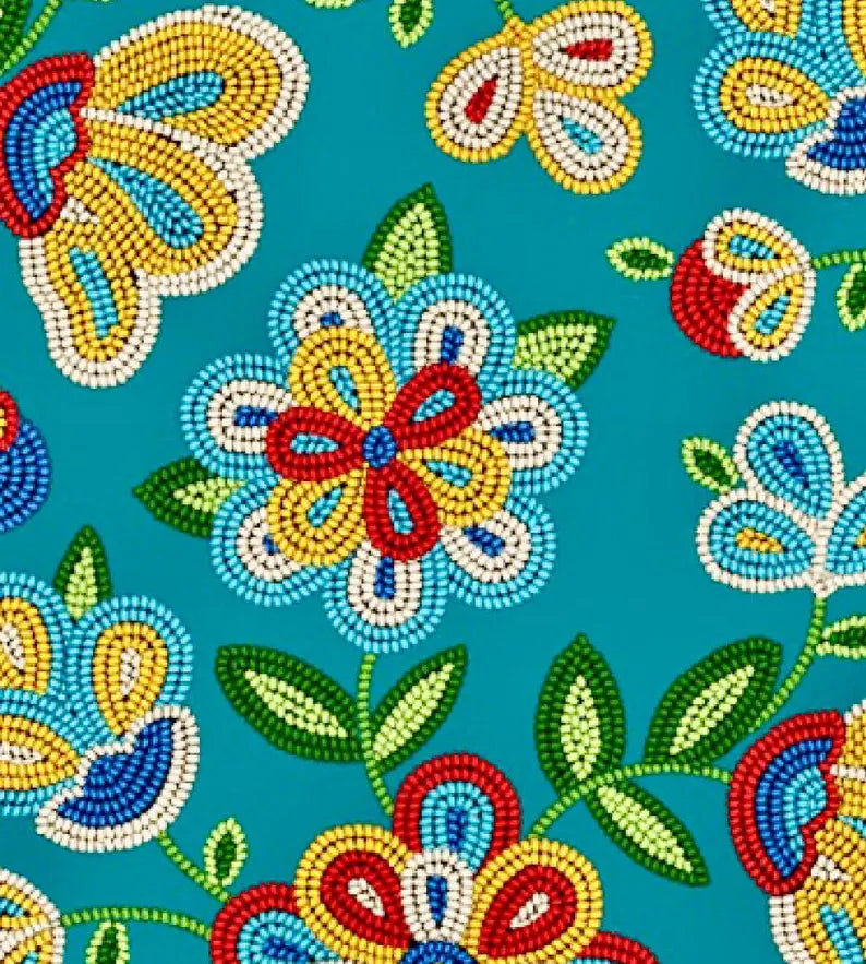 Native Beadwork Fabric 1/2 Yard, 449 Turquoise by Elizabeth's Studio, Indigenous Quilt Blanket Wall Hanging Table Runner Ribbon Skirt