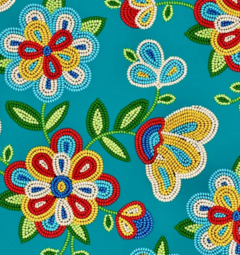 Native Beadwork Fabric 1/2 Yard, 449 Turquoise by Elizabeth's Studio, Indigenous Quilt Blanket Wall Hanging Table Runner Ribbon Skirt